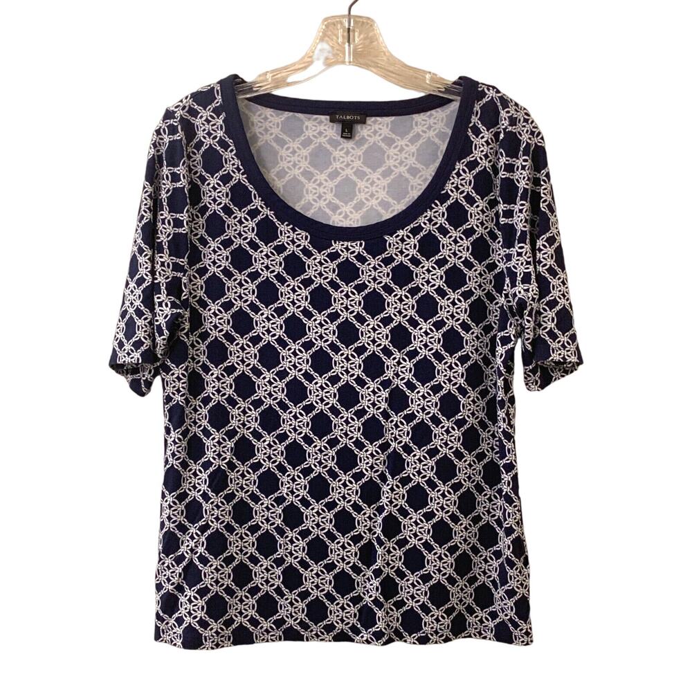 Talbots Navy and White Printed T-Shirt, Size Large